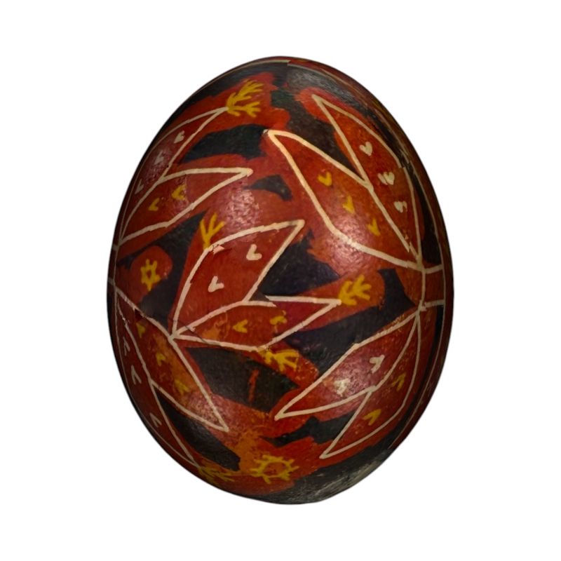 A pysanka featuring a stylised floral pattern. Late 19th century. The menu features audio description and videos translated into USL